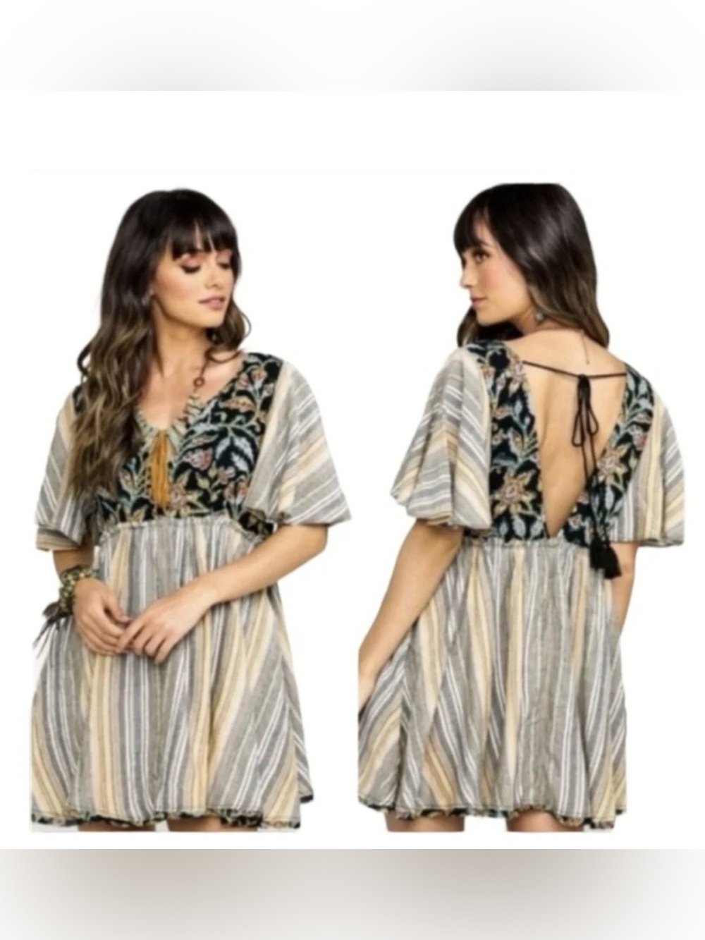 Free People- Under The Sun Striped Backless Embroidered Mini Dress - Size S
